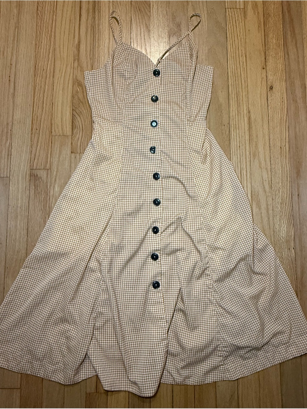 Moon River Beige Gingham Button-Front Midi Dress